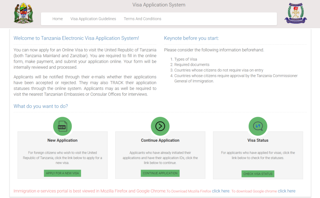 タンザニアオンラインビザ　申請画面