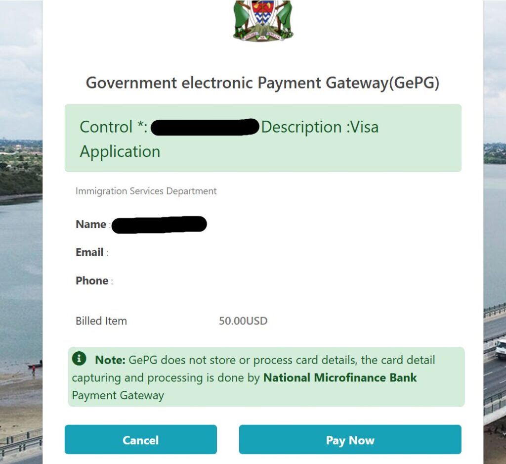 タンザニアオンラインビザ 支払い画面