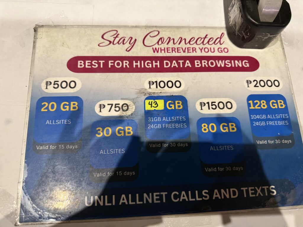 セブ空港　SIM　料金表　Globe
