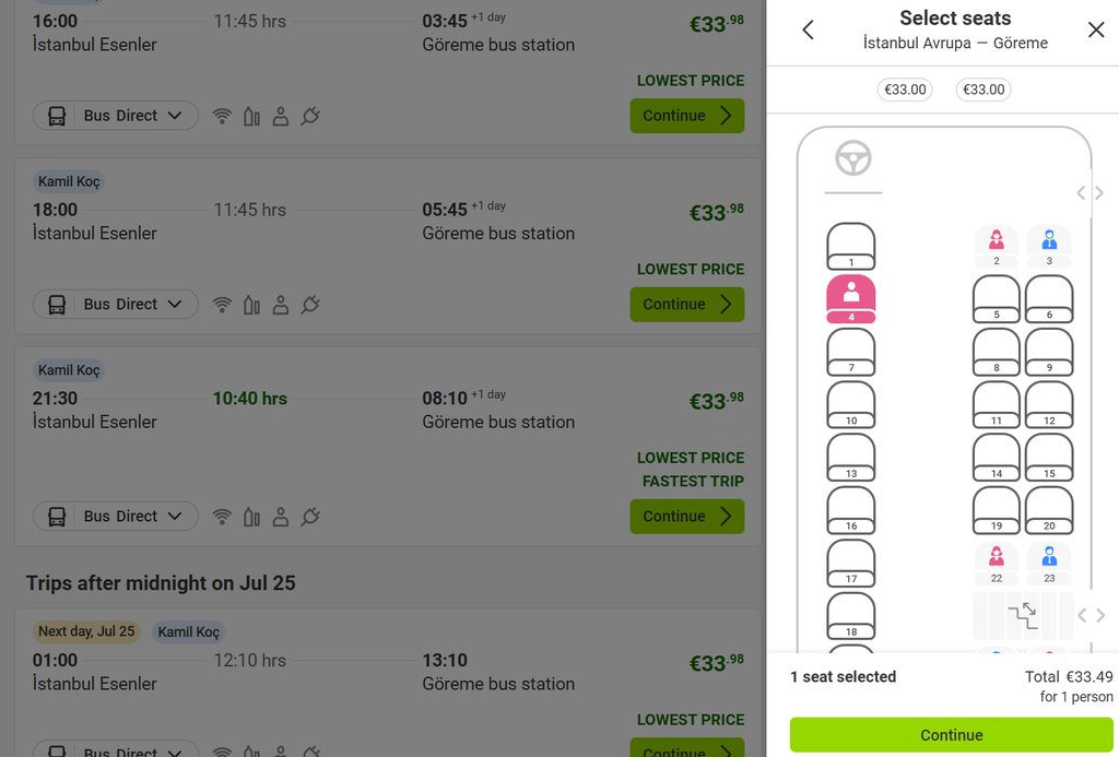 FlixBus(Kamil Koç)の予約方法 イスタンブールからカッパドキア(ギョレメ) 座席