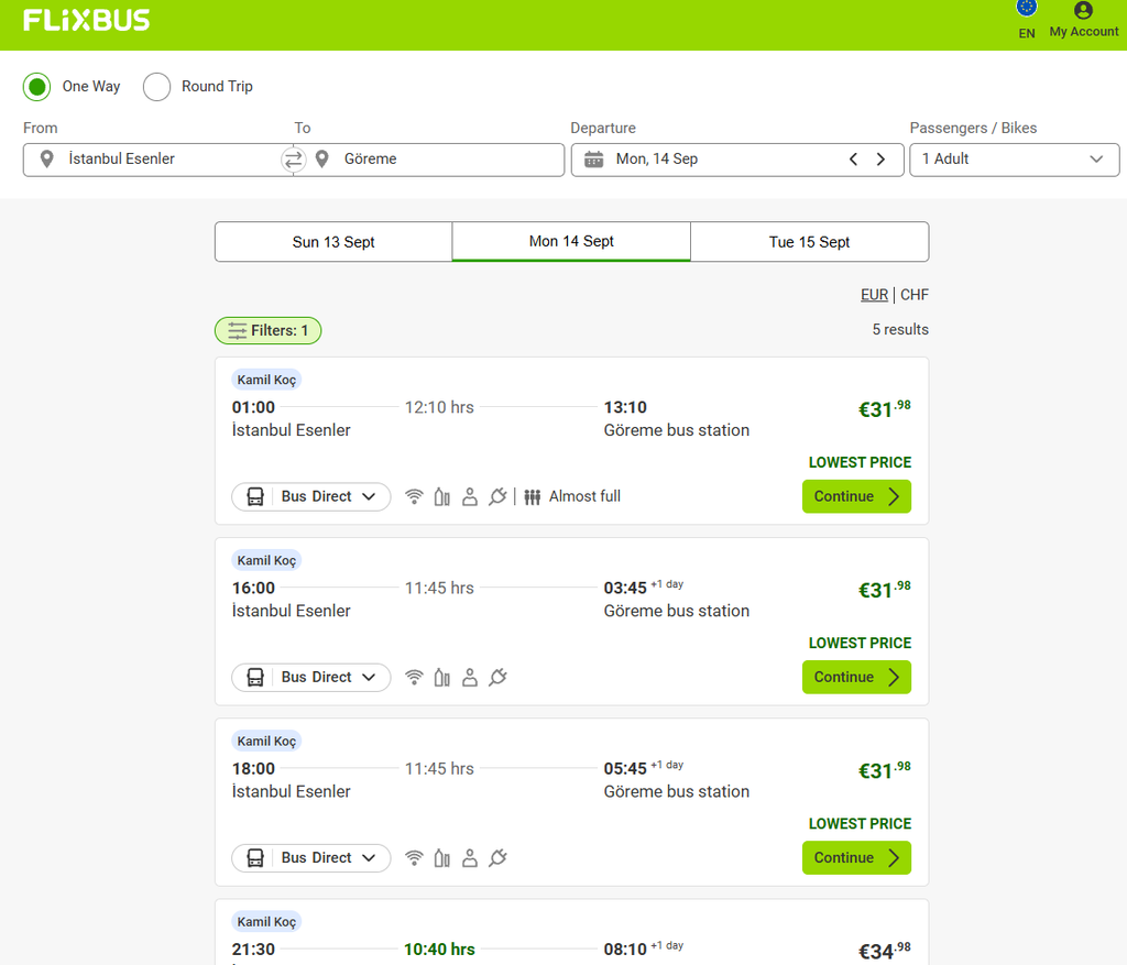FlixBus(Kamil Koç)の予約方法 イスタンブールからカッパドキア(ギョレメ)